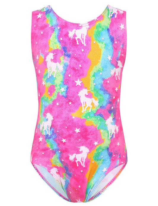 TENVDA Gymnastics Leotards for Girls 5-6 Years Old Sparkly Colorful Unicorn Print Tumbling Outfit One-Piece Sleeveless Bodysuit