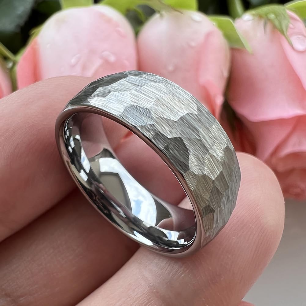 TUTISS 8mm Hammered Tungsten Rings for Men Women Fashion Engagement Wedding Bands Domed Matte Finish Comfort Fit Size 13