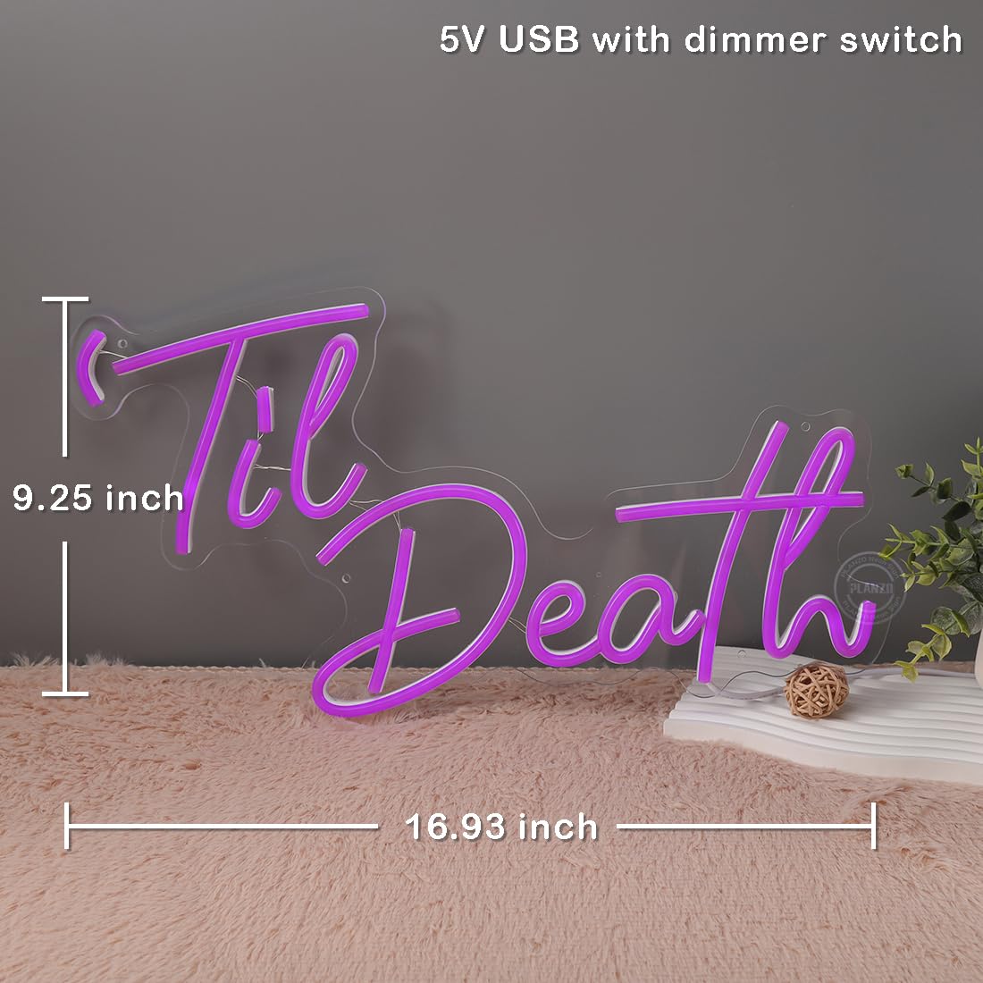 Planzo Til Death LED Neon Light Signs Wedding Birthday Party Wall Decor Sign Home Bedroom Living Room Bar Pub Hanging Halloween Christmas Gifts USB 5V 17IN Indoors Purple
