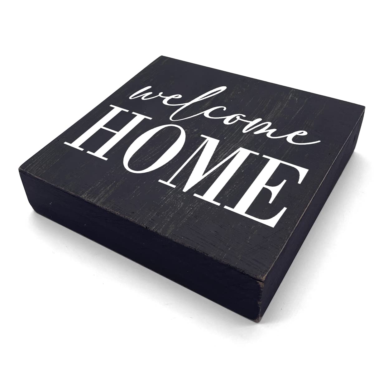 HTBIG Welcome Home Sign Home Decor Desk Decor Wooden Box Sign Rustic Black Wood Block Plaque Box Sign for Women Family Friends Farmhouse Living Room Kitchen Bedroom Shelf Table Decoration