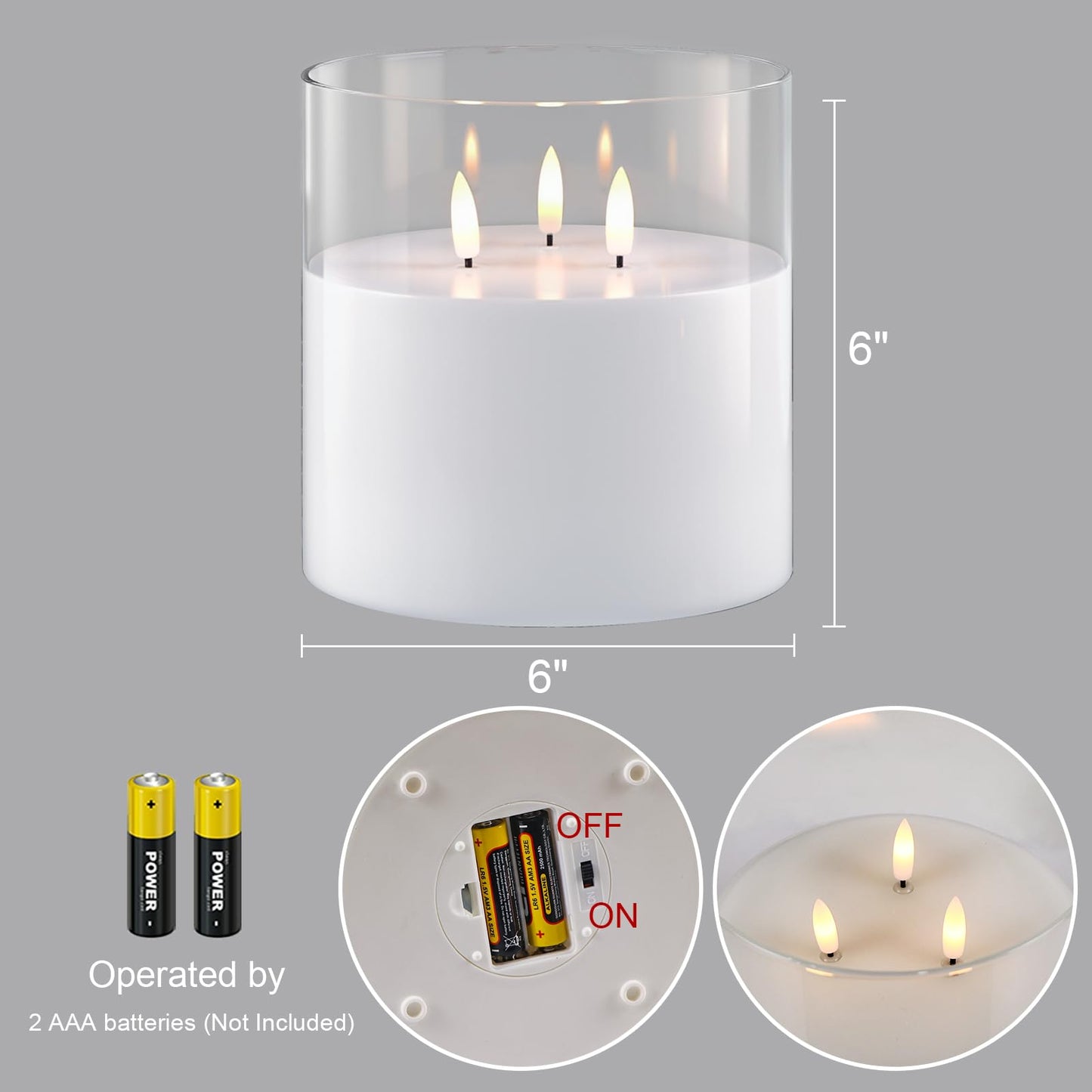 GenSwin Glass Flameless Candles Flickering with 3 Wicks and Remote Timer, 1 Pcs Clear LED Candles Battery Operated, Large Glass Candle for Halloween Christmas Home Decor(D6” x H6”)