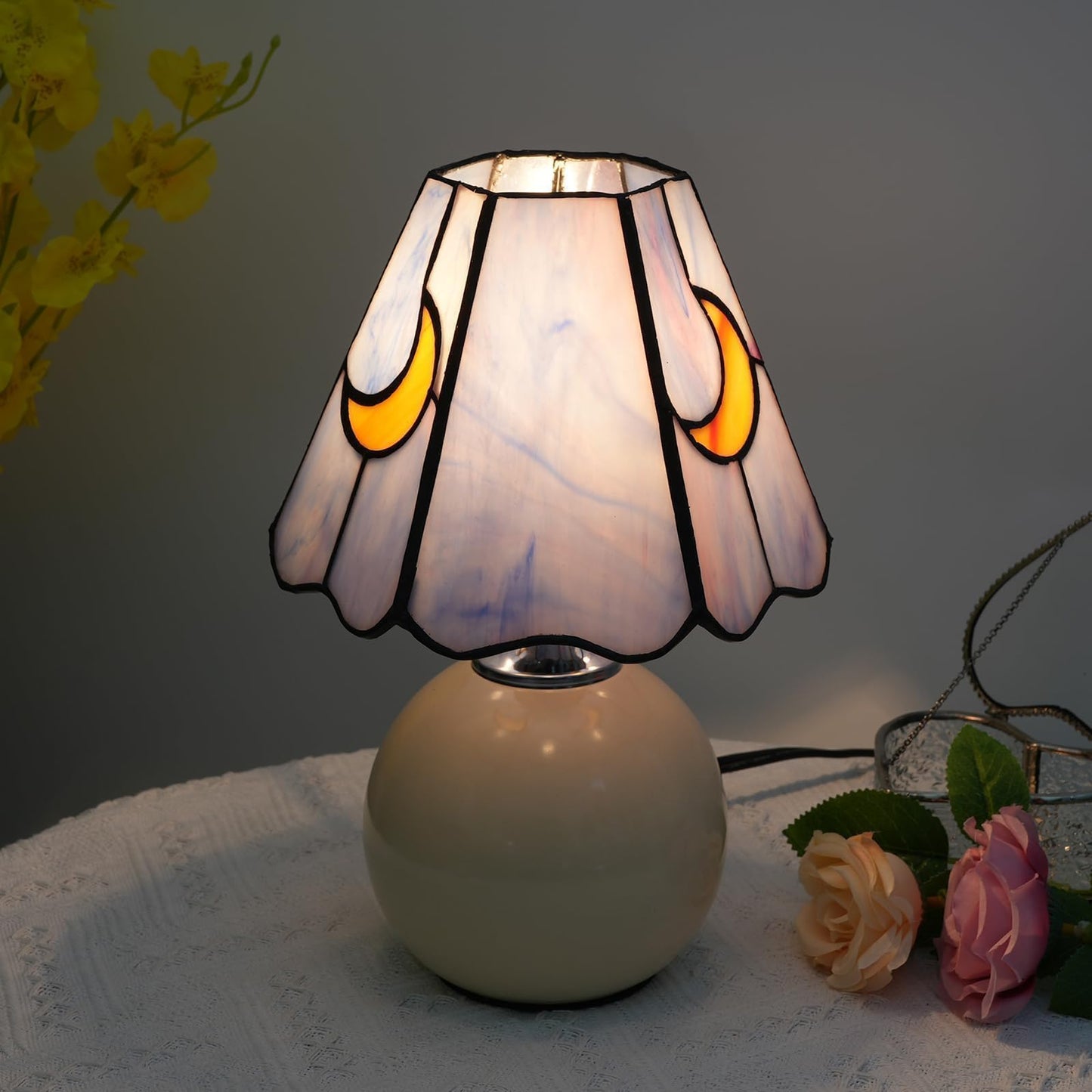 KIPHEPI Tiffany Style Bedside Table Lamp Stained Glass Moon Mushroom Lamp for Bedroom Small Nightstand Lamps for Home Decor Living Room Bedroom Study Nursery Dorm,Purple
