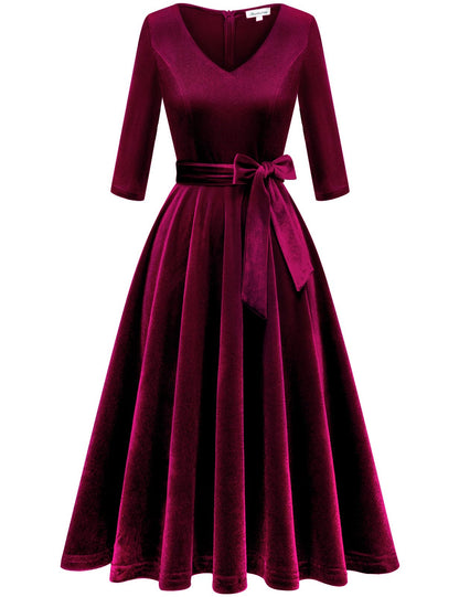 Bbonlinedress Velvet Vintage Cocktail Tea Formal Wedding Guest Midi Prom Long Sleeve Christmas Dress Burgundy 3XL