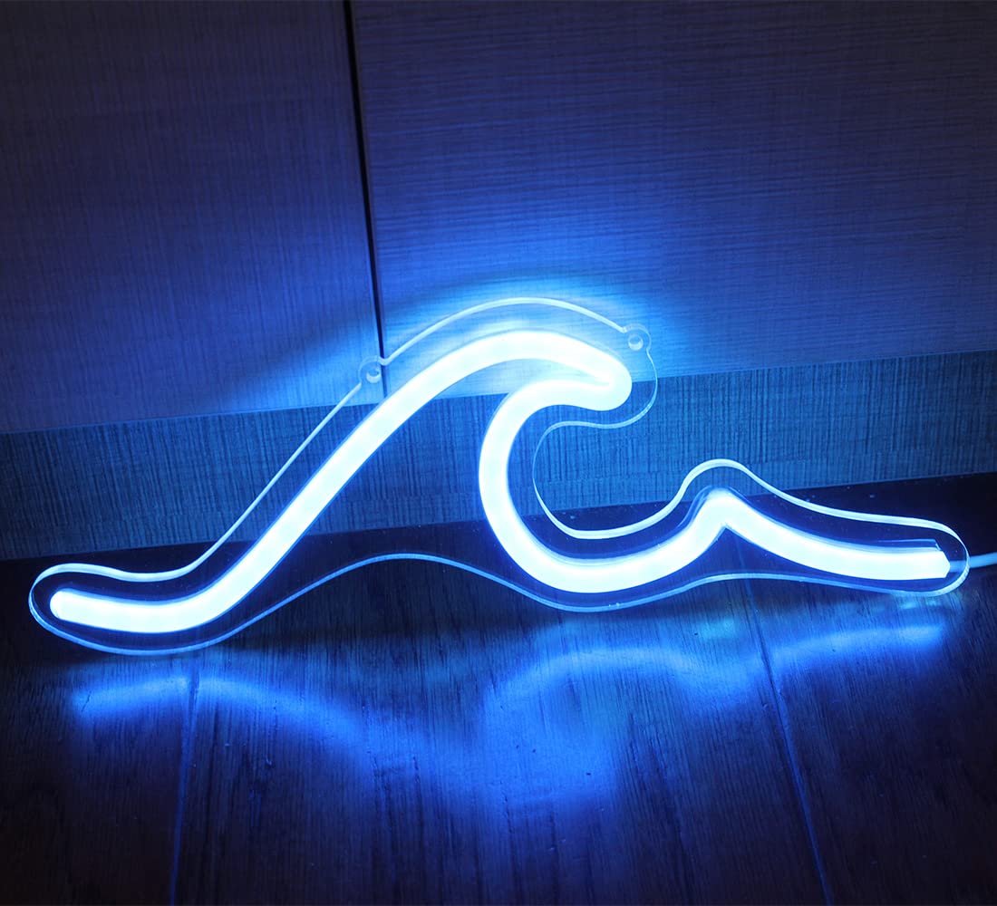 Wave Neon Signs Blue LED Night Lights With Dimmable Switch For Kids Wall Decor USB Powered For Living Room Bar Bedroom Boys Girls Christmas Gift(11 * 3.9")