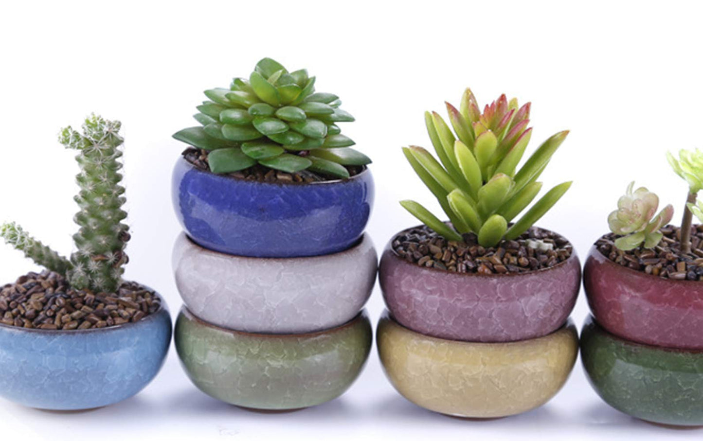 Lawei 12 Pack Ice Crack Succulent Pots with Bamboo Saucer - Ceramic Mini Cactus Plant Pots Flower Pots Container Planter for Home Garden Office Decoration