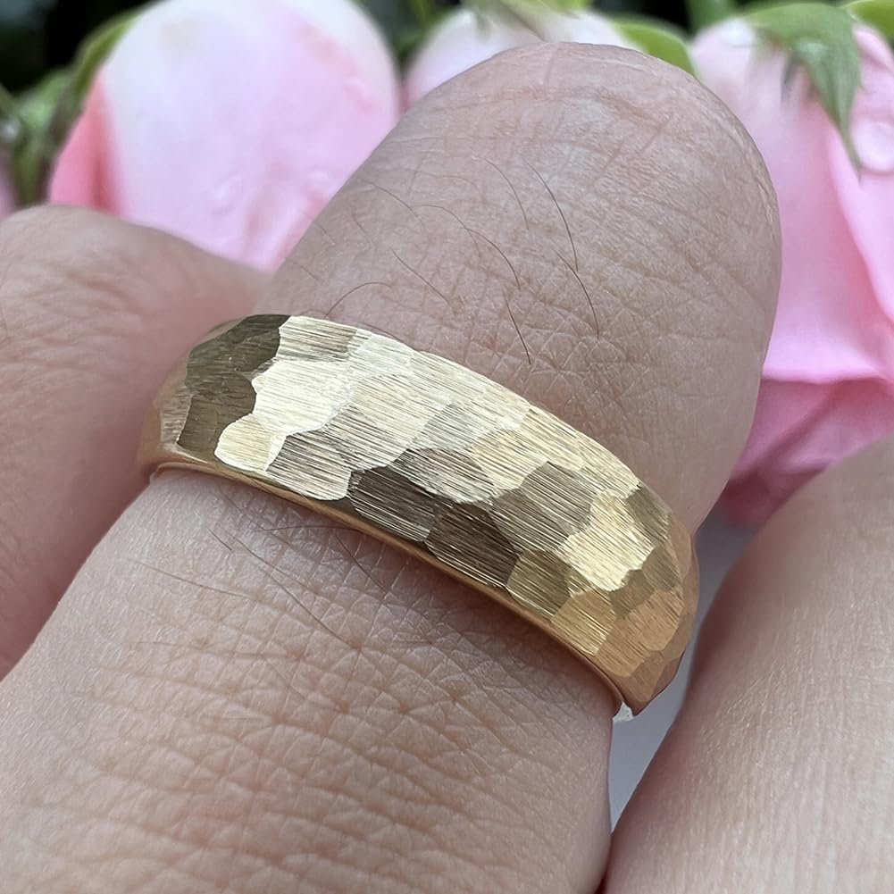 TUTISS 6mm Gold Hammered Tungsten Rings for Men Women Engagement Wedding Bands Domed I Love You Engraved Comfort Fit Size 9.5