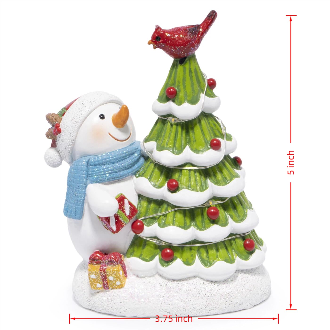 Hodao Christmas Tree Figurine Decorations — Lighted Hand-Painted Resin Snowman with Cardinal, Tabletop Decor for Family or Friends | Mantel, Shelf, Living Room Display