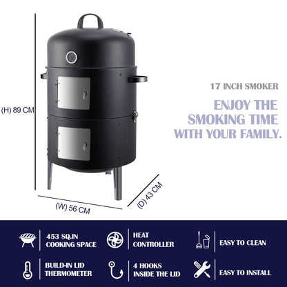 SUNLIFER Charcoal BBQ Grill, Heavy Duty 3-in-1 Barbecue Smoker Grill for Garden Camping Outdoor Cooking and Grilling 89x56x43CM