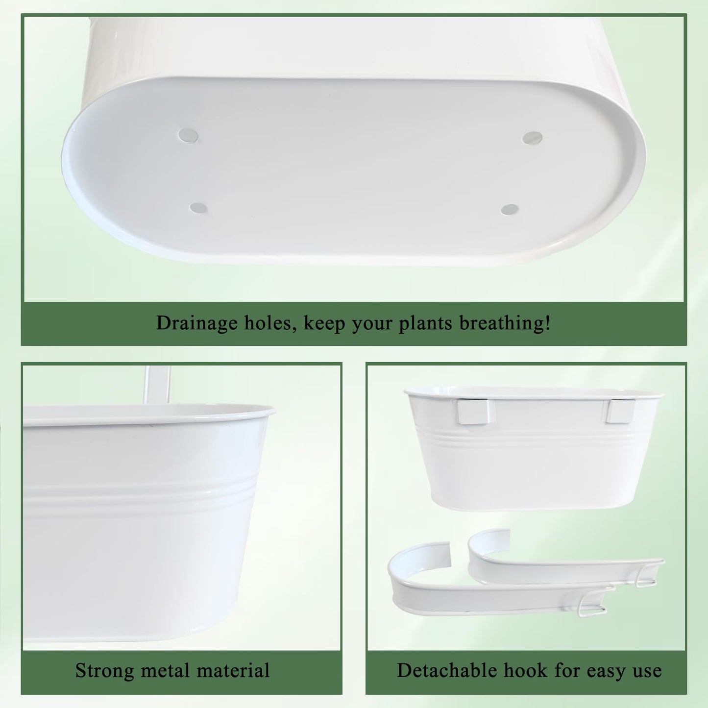 Joyfernal 10" Hanging Flower Pots, Pack of 6 White Metal Outdoor Patio Balcony Planter, Railing Planters Fence Pot with Detachable Hook & Drainage Hole for Small Plants (White, 6Pcs)