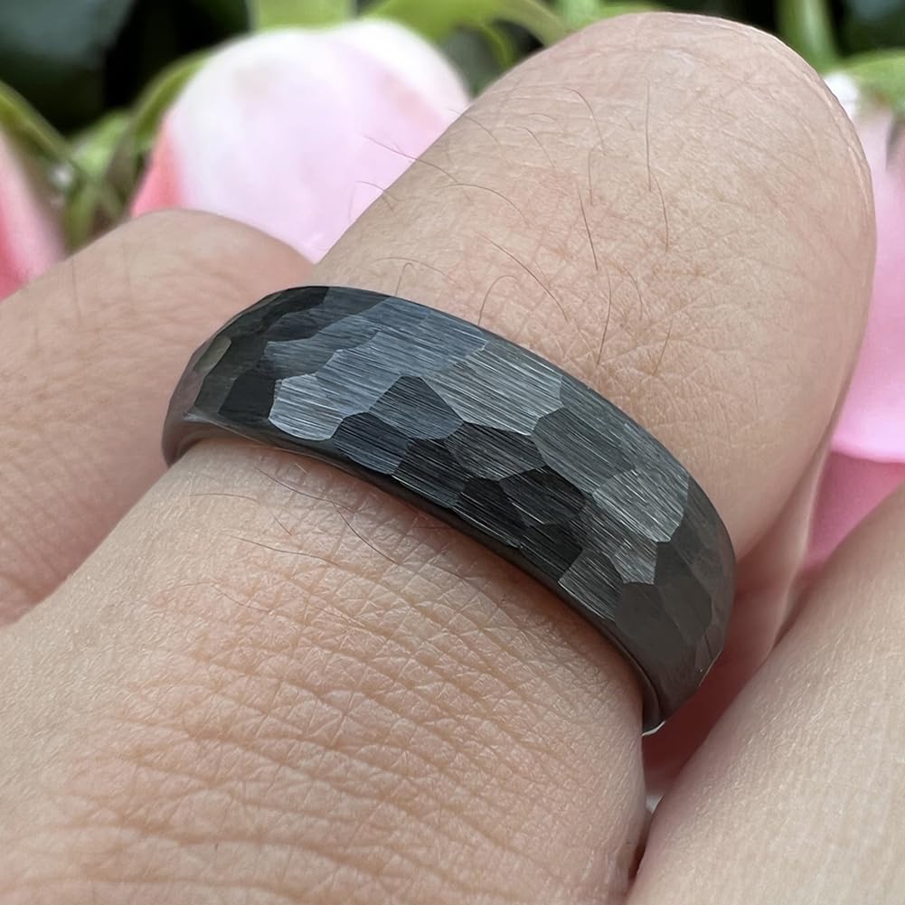 TUTISS 6mm Black Hammered Tungsten Carbide Rings for Men Women Engagement Wedding Bands Domed I Love You Engraved Comfort Fit Size 9