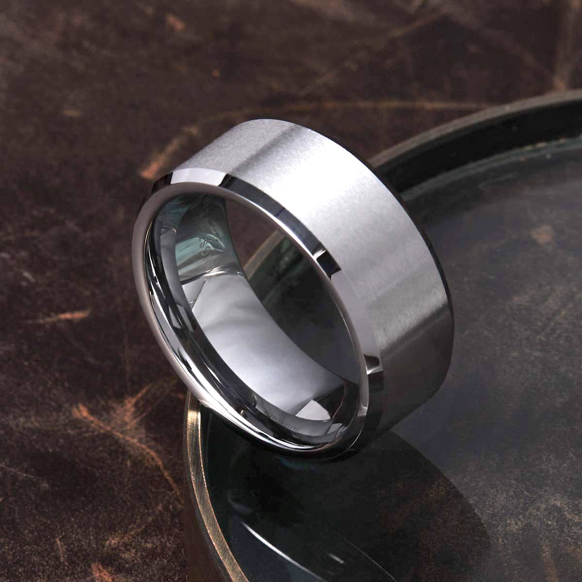 King Will 8mm Men's Silver Wedding Ring - Brushed Matte Surface, Beveled Polished Edge, Comfort Fit Size 11