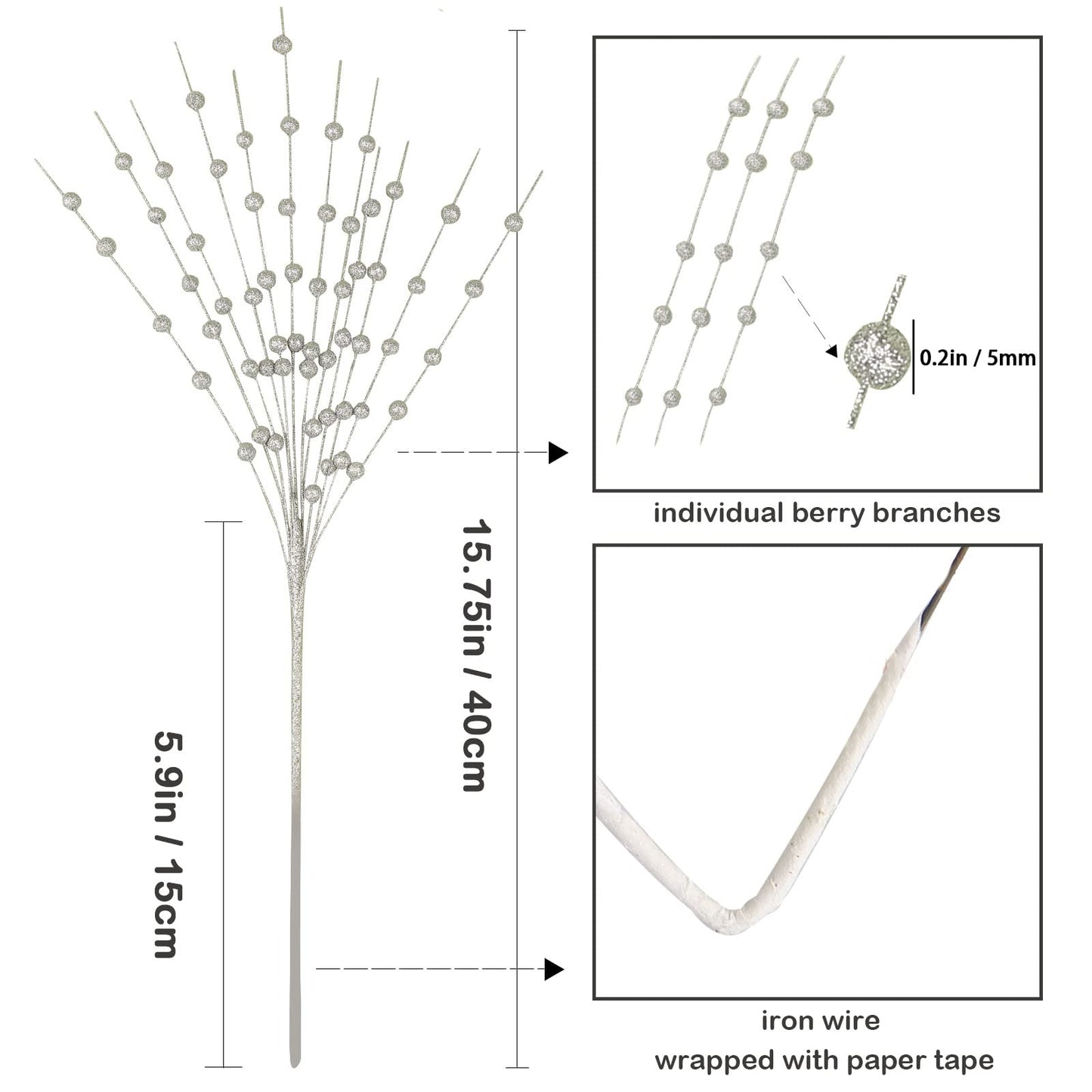 GREENTIME 10 Pack Silver Artificial Glitter Berry Stem Ornaments 15.7 Inches Fake Christmas Picks Decorative Glitter Sticks for Vase Christmas Tree DIY Wreath Crafts Fireplace Decor