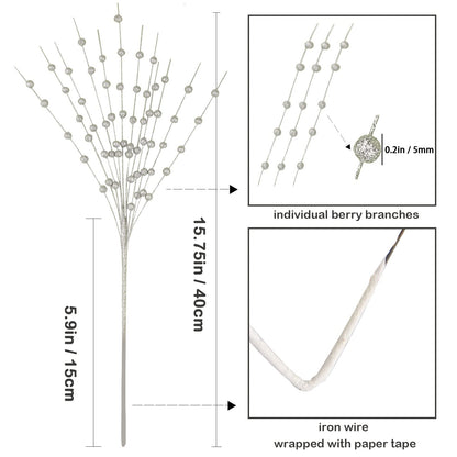 GREENTIME 10 Pack Silver Artificial Glitter Berry Stem Ornaments 15.7 Inches Fake Christmas Picks Decorative Glitter Sticks for Vase Christmas Tree DIY Wreath Crafts Fireplace Decor