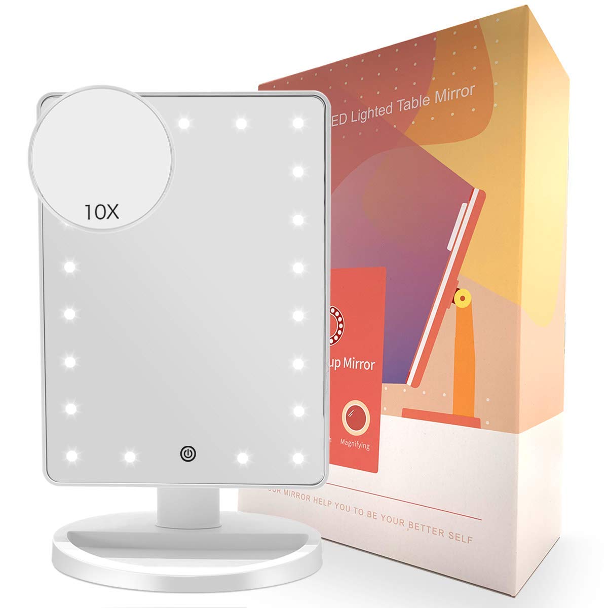 FASCINATE Makeup Vanity Mirror with Lights and Detachable 10X Magnification, 21 Led Lights Adjustable Dimming Touch Sensor, Dual Power Supply, 180° Rotation, Portable Cosmetic Mirror(White)