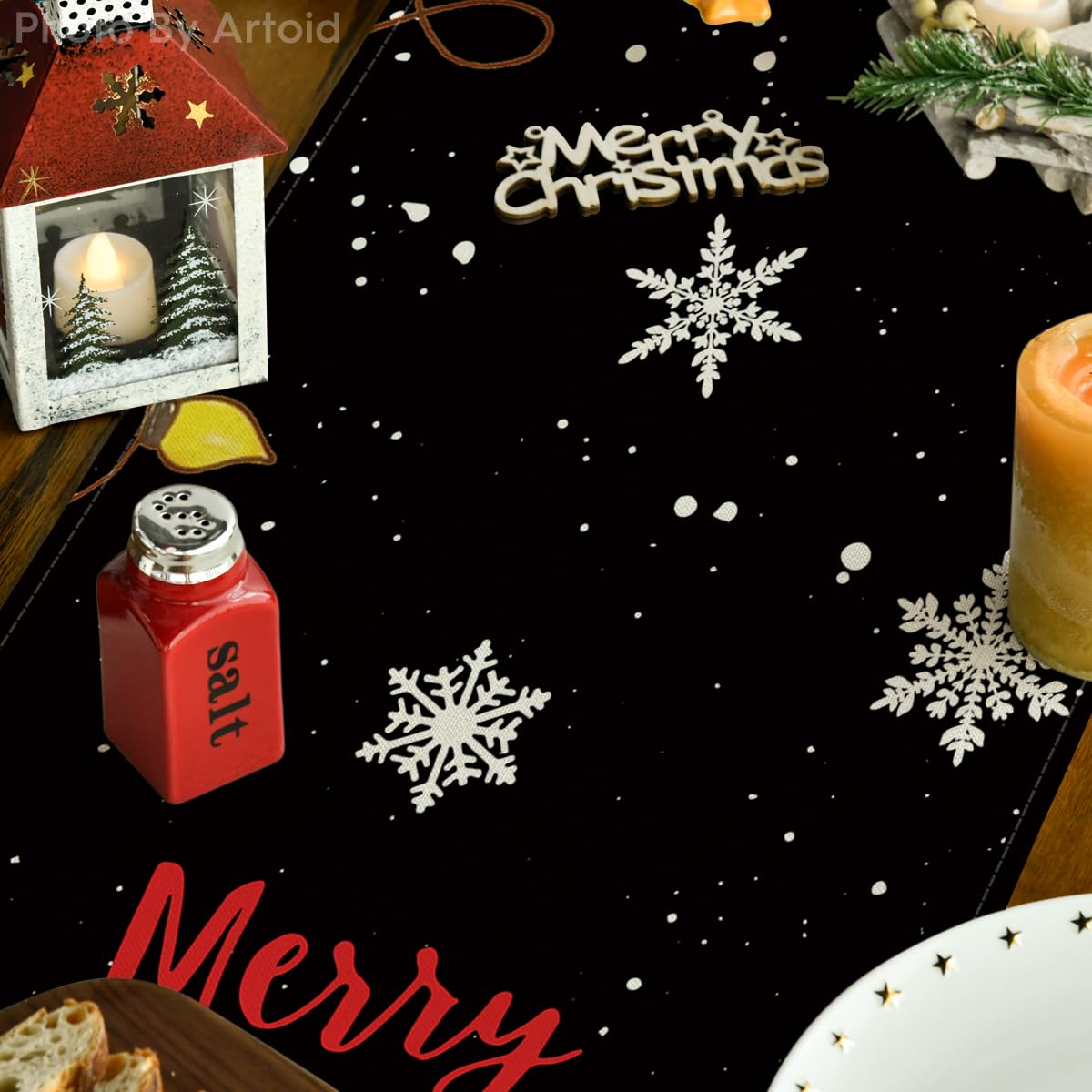 Artoid Mode Merry Christmas Table Runner Black, Seasonal Winter Xmas Holiday Kitchen Dining Table Decoration for Outdoor Home Party Decor 13 x 72 Inch