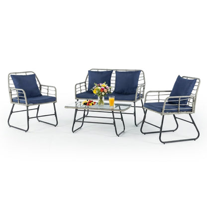 DUMOS Outdoor 4 Piece Patio Furniture Set, Wicker Patio Set with Thick Sandwich Structure Cushions, Deep Seating All-Weather Rattan Sofa and Functional Glass Table for Porch, Lawn, Grey