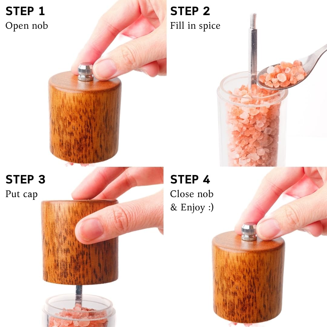 Wooden Salt and Pepper Grinder Set | 8-Inch Manual Acrylic Mills with Adjustable Ceramic Grinding Mechanism | Includes 2 Grinders + Wood Base | Premium Salt and Pepper Grinders by BING-US