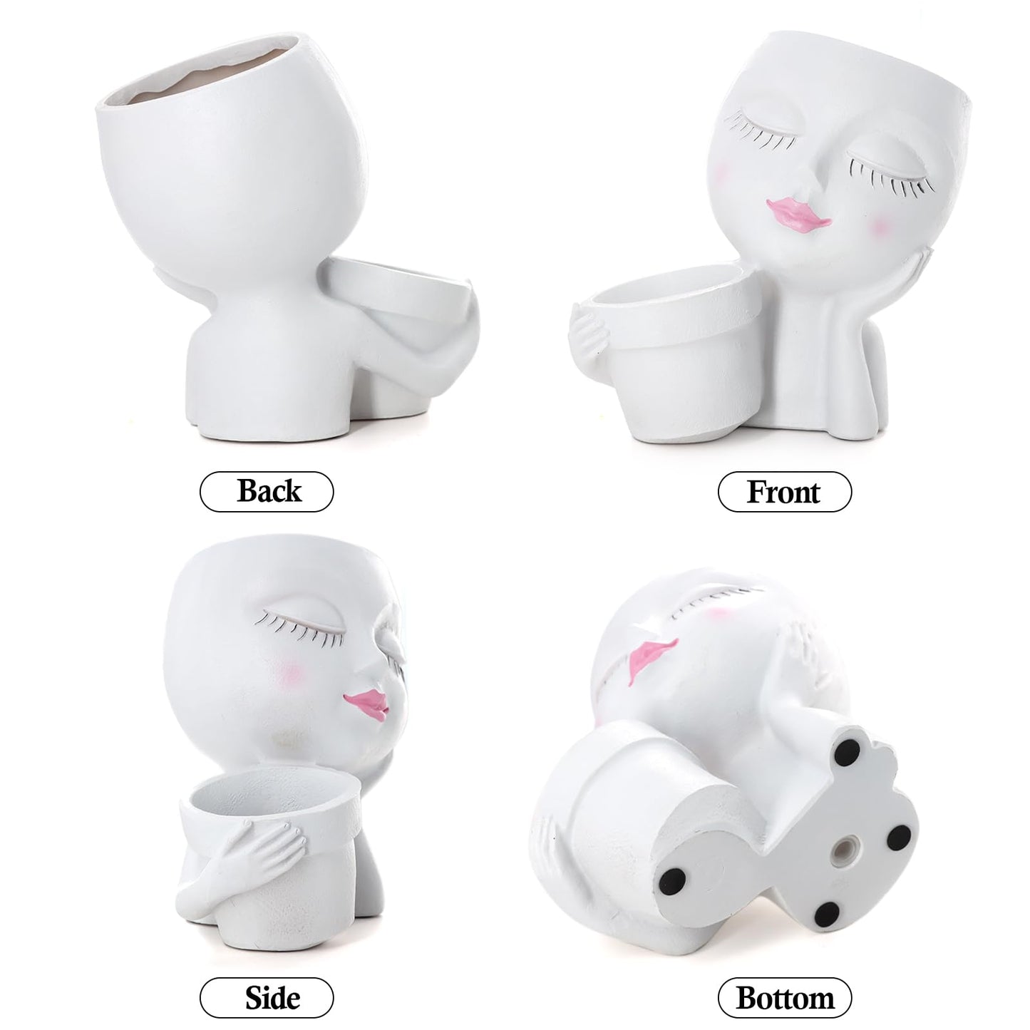 Face Planter Pot, 2-in-1 Resin Head Planter with Mini Pot, Cute Lady Flower Pots with Drainage for Indoor Outdoor Plants, Unique Succulent Cactus Planter, Ideal Gardening Gifts for Women Mom (White)