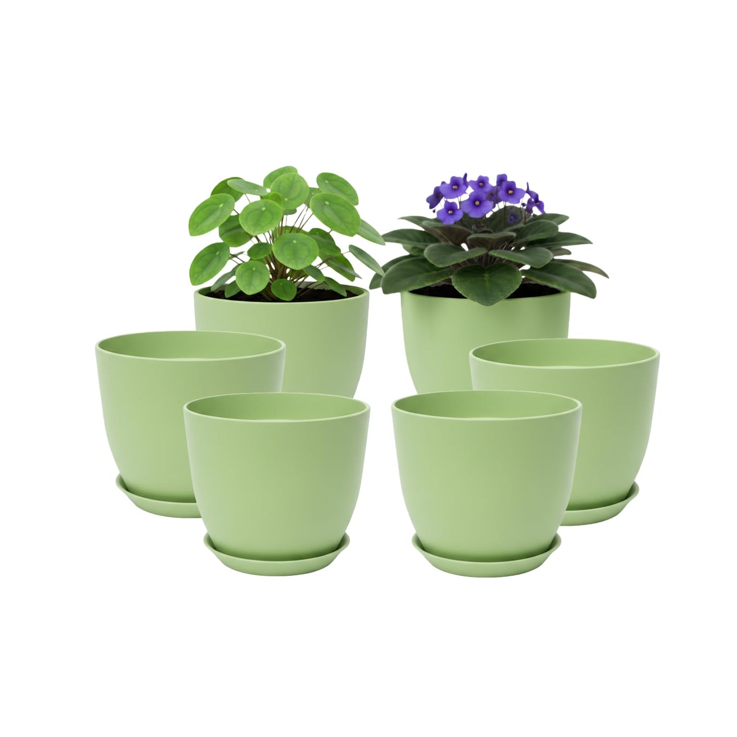 Vanslogreen Plant Pots 8 Inch Set of 6, Flower Pots with Drainage Holes and Saucer, Plastic Garden Planters for Indoor & Outdoor Plants (Green)