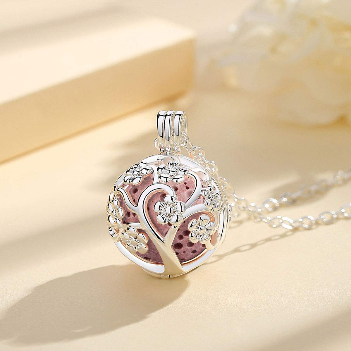 INFUSEU Sakura Tree Aromatherapy Necklace, Essential Oils Diffuser Locket Pendant with 7 PCS Lava Rock Stones and 24" Link Chain