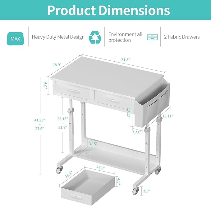 WINAZ Small Rolling Desk with Drawers & Storage