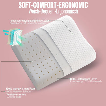 Alkamto Travel Pillow-Camping Pillow-Orthopedic Neck Support Memory Foam Pillow with Temperature Regulating Pillowcase-Extra Cotton Cover-Carry Bag-Small pillow for travel by car,plane,train and hotel
