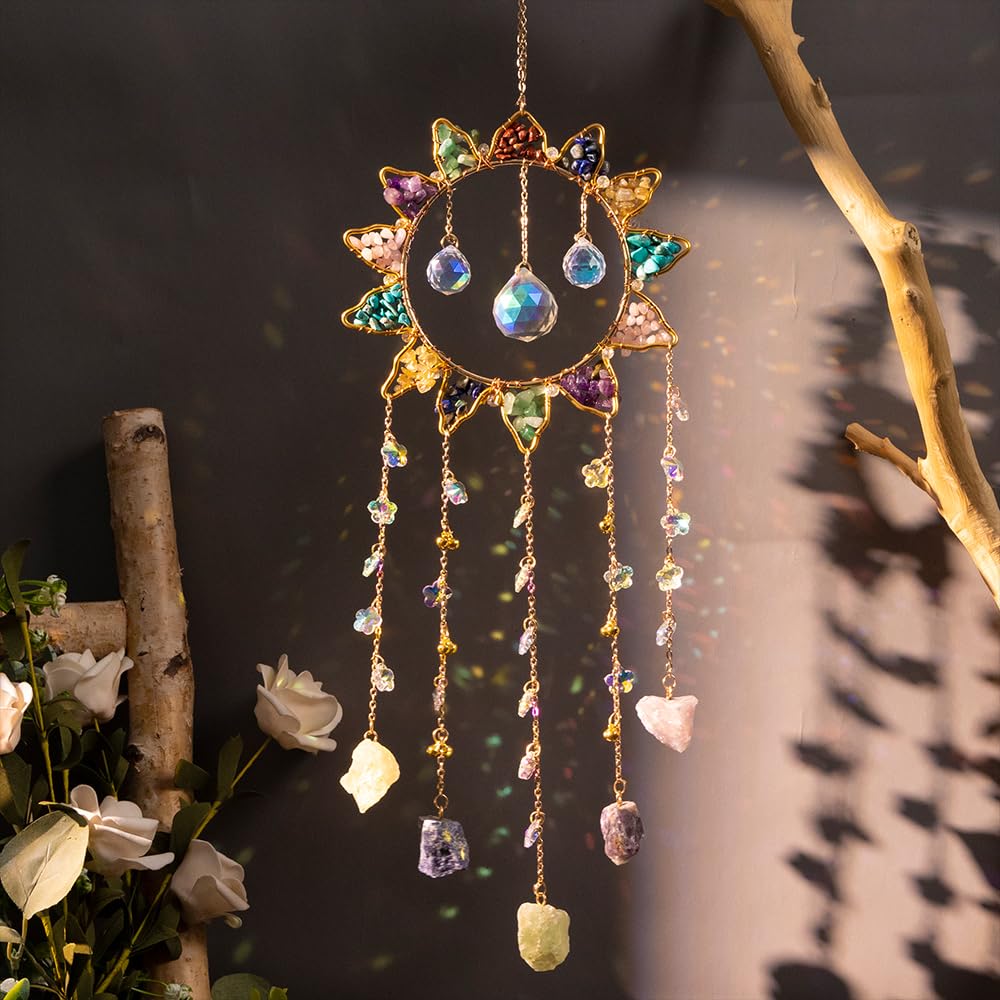 7 Chakra Crystal Sun Catcher Hanging Decor, Rainbow Maker with 3 K9 Crystal Prism Balls & Natural Crystal Stone, Wall and Window Decor Ornament for Home, Bedroom, Balcony, Handmade Gift.