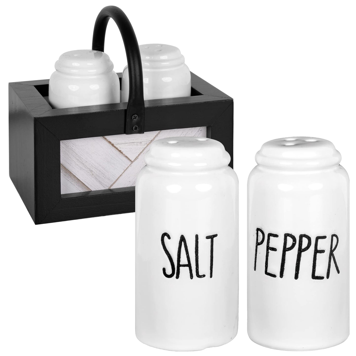 Autumn Alley Farmhouse Salt and Pepper Shakers Set for Kitchen Counter – Striking Black and White Salt and Pepper Shakers Set with Holder – Unique Shiplap Design for Farmhouse Kitchen Decor
