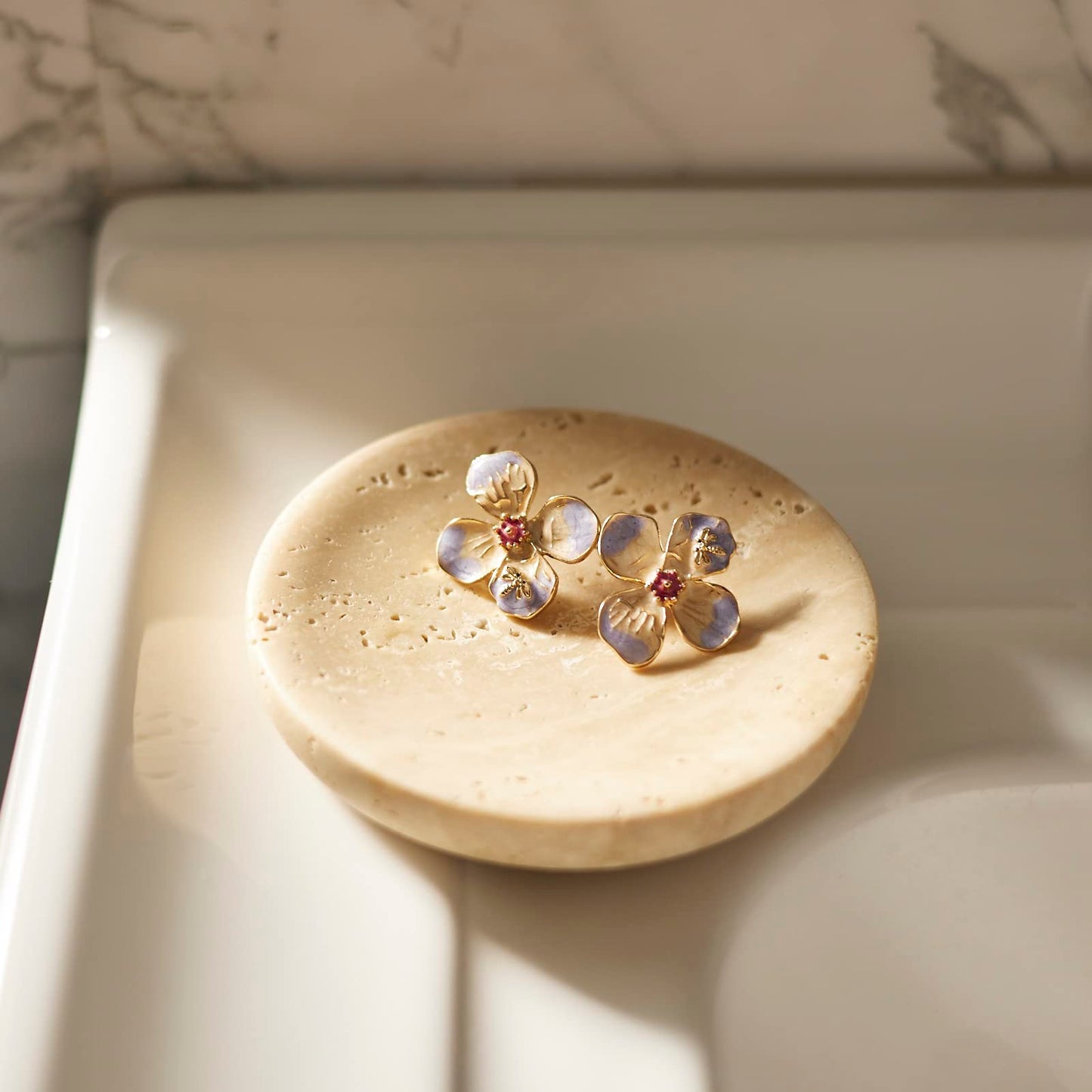 PHINILUX Round Travertine Tray for Jewelry, Marble Trinket Dish Tray, Nightstand Decor, Coaster, Soap Dish,Sponge Holder for Bathroom, Beige