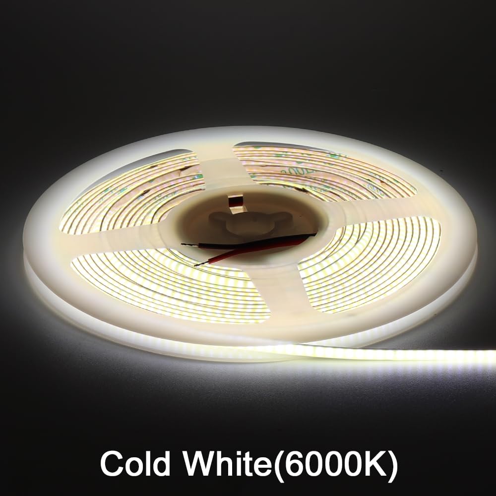3mm COB Strip Light, DC 12V Cold White 16.4ft Flexible Cuttable Ultra-Thin LED Tape CRI>90 Uniform Dotless 400LEDs/M LED Light for Christmas Bedroom Home Kitchen Cabinet Decor (NO Power Supply)