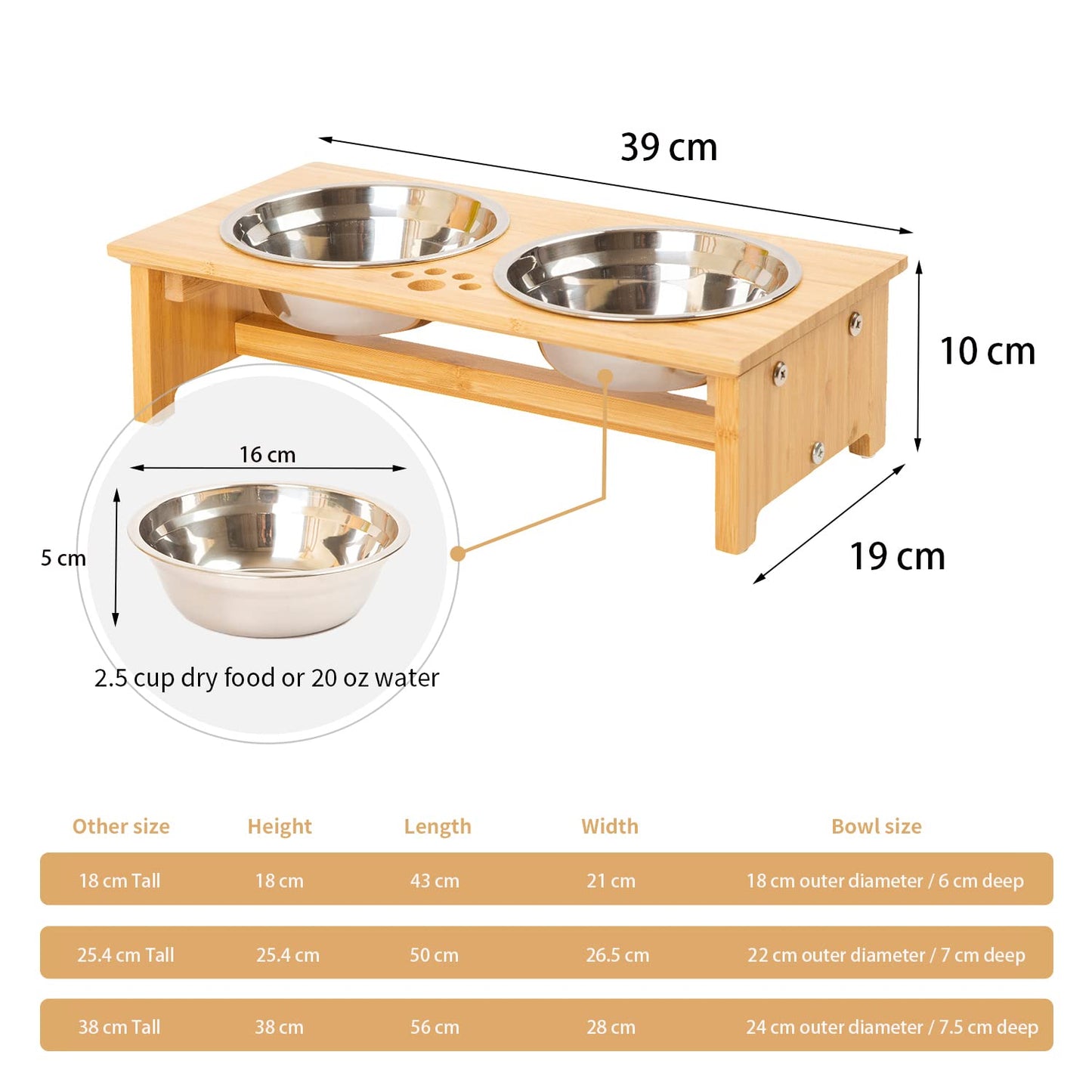 FOREYY Raised Dog Bowls for Cats and Dogs - Bamboo Elevated Dog Cat Food and Water Bowls Stands Feeder Dishes with 2 Stainless Steel Bowls and Anti Slip Feet (Small - 10 cm high)
