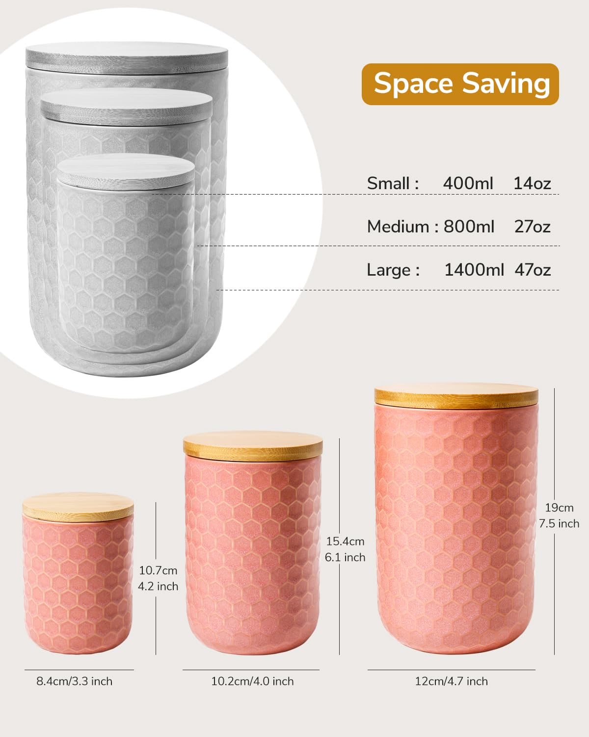 ZEBERBO Kitchen Canisters Set with Airtight Bamboo Lid, Pink Honeycomb Design, Ceramic Canister Set of 3, Sugar Flour Coffee Containers for Countertop, Food Storage Container Jars Set