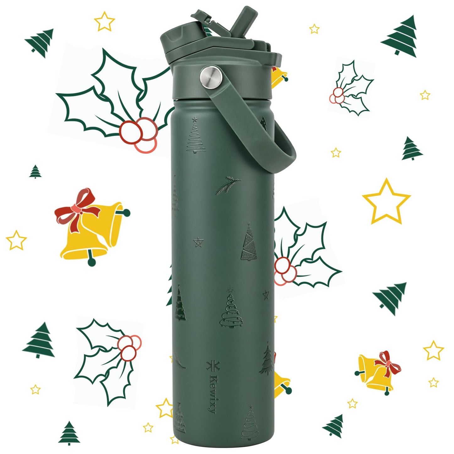 KEWIXY 24 oz Christmas Water Bottle, 2-in-1 Lid, Straw & Spout, Insulated, Leak Proof, Keep Cold, Stainless Steel, Metal, Reusable, Handle, Holiday Gift, Cupholder Friendly, Green Tree