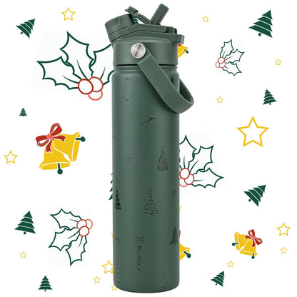 KEWIXY 24 oz Christmas Water Bottle, 2-in-1 Lid, Straw & Spout, Insulated, Leak Proof, Keep Cold, Stainless Steel, Metal, Reusable, Handle, Holiday Gift, Cupholder Friendly, Green Tree