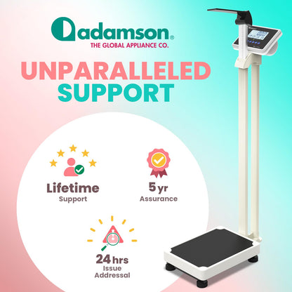 Adamson M1 Medical Scale, 440 lb/ 200 kg Capacity, BMI with Weight and Height, Professional Digital Scale for Body Weight, Home, Hospital, & Physicians, Heavy Duty - White