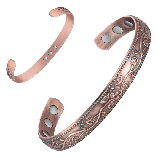 Feraco 99.99% Pure Copper Bracelet for Women, 11X Ultra Strength Magnetic Copper Cuff Bangle with 3500 Gauss Neodymium Magnets, Adjustable Vintage Flower Collection