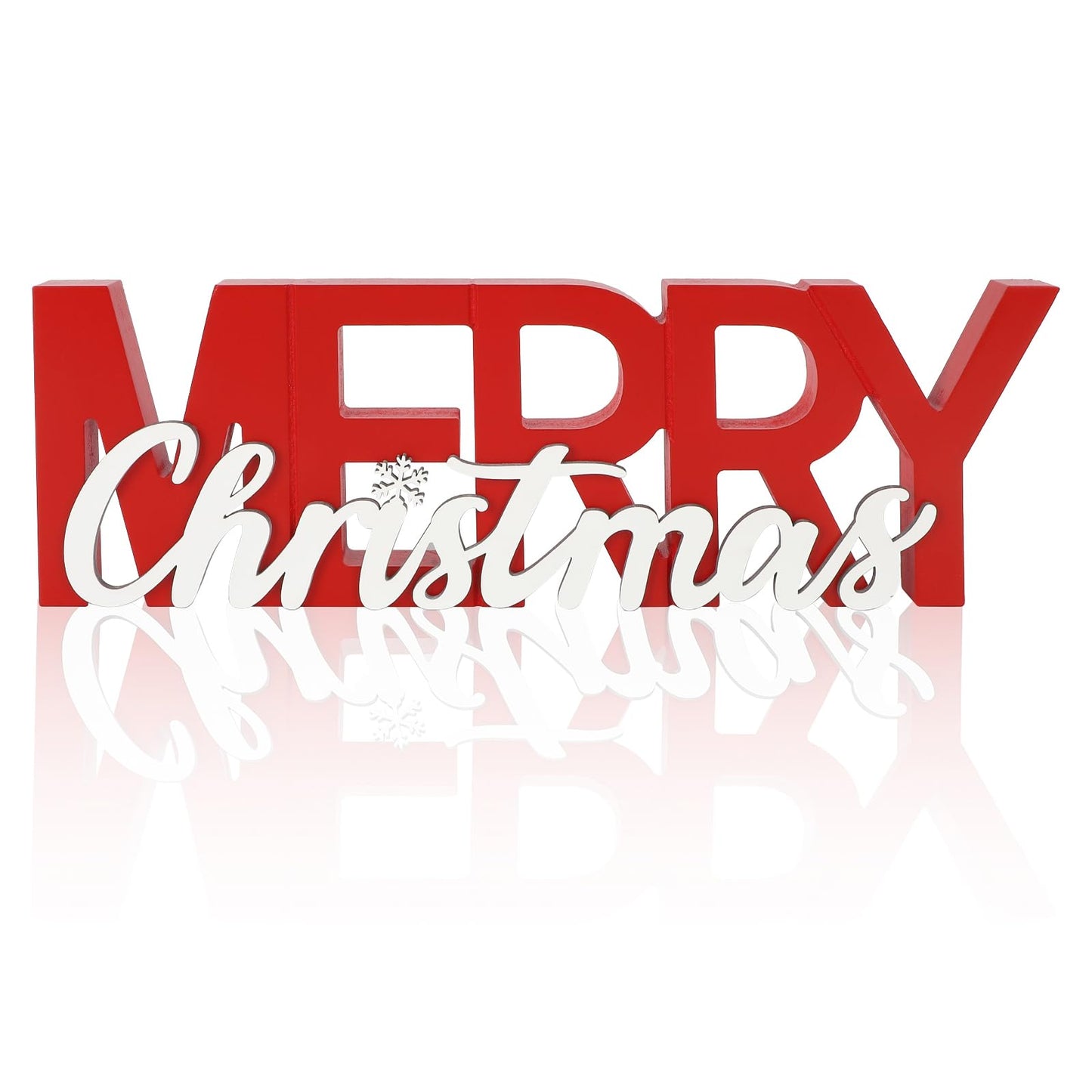 COCHIE Wooden Merry Christmas Sign, Winter Decorations for Home, Office, Shelf, Mantel, Indoor, Wood Snowflake Decor, Red White Table Top Party Decoration (Merry Christmas)