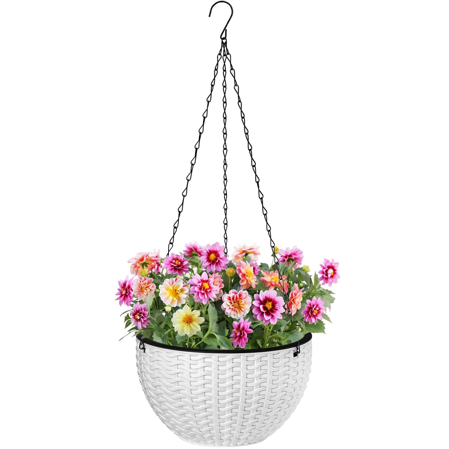 Foraineam 10.2 Inch Dual-pots Design Hanging Basket Planters Self-Watering Indoor Outdoor Hanging Flower Plant Pot with Drainer and Chain (White)
