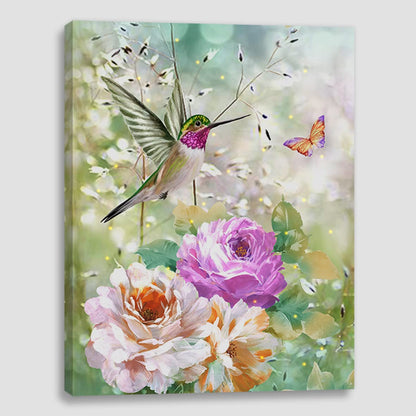 alottagifts Hummingbird Butterfly Flowers Lighted Canvas Wall Art Print 16" x 12" With Timer | LED Canvas Canvas Wall Art Print Design (Birds Butterfly Flowers,16" x 12")