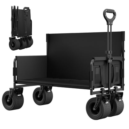 Beach Wagon with Seats, Heavy Duty Wagon Bench Seat Combo with Anti-Collapse Backbar, 2-in-1 Collapsible Lounge Cart for Sand Outdoor Camping, Carbon Steel 500lbs, Black