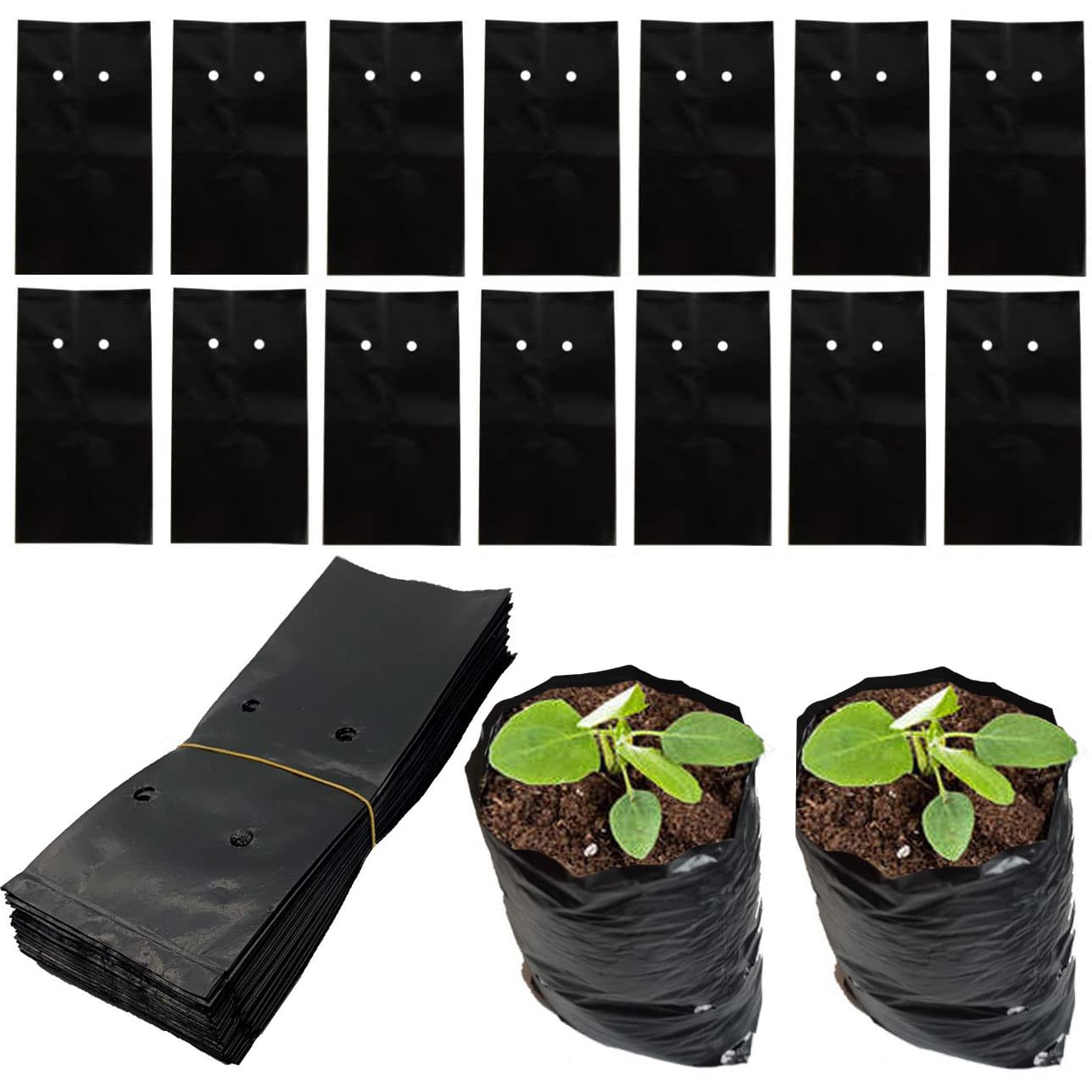 DredQcco 100PACK Plant Grow Bags,Thicken PE Seedling Bag Fruit Tree Seedling Cup Bonsai Planting Bag with Breathable Holes for Garden Black Planting Bags Nursery Bags (4.7'' Dia x 8'' H)