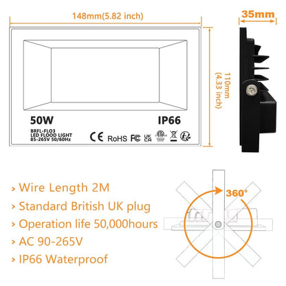 Bhochy LED Floodlight Outdoor 50W, Colour Changing Flood Lights with Remote Control, Timing, 4 Modes, IP66 Waterproof, UK 3-Plug，2 Pack
