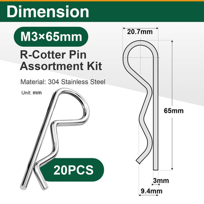 20Pcs Cotter Pins R Clips, Stainless Steel Hitch Pin Clips for Trailer, Tractor, and Automotive Repair, M3x65mm