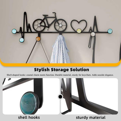 AORCUSHI 7-Hook Wall Mounted Coat Rack, Creative Note & Bicycle Design with Natural Seashell Decor, Heavy Duty Entryway Hanger for Hallway, Wall Decoration Bedroom, Includes Hardware and Adhesive