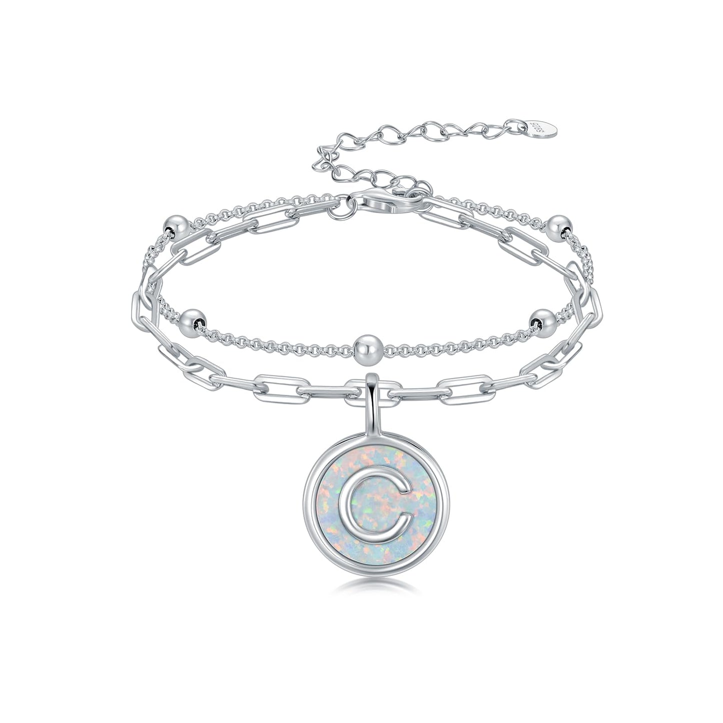 LWQQWL Initial C Bracelet for Women 925 Sterling Silver Layered Initial Bracelet Opal Letter 26 Alphabet Jewelry Christmas Gifts