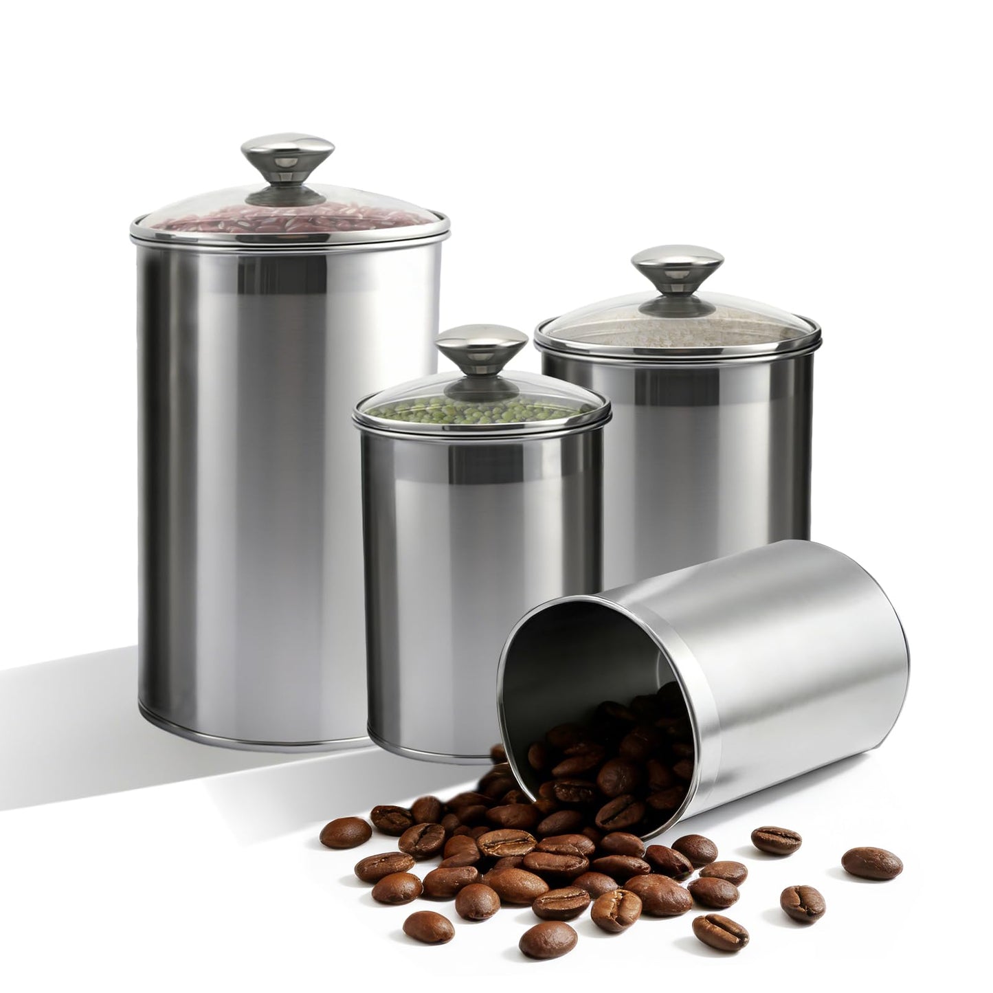 VTWTV Stainless Steel Food Canister Set 4-Piece, Airtight Kitchen Storage Containers with Lids, Metal Canisters for Flour Sugar Coffee & Pantry Organization, Rustproof & Durable Countertop Jar Set