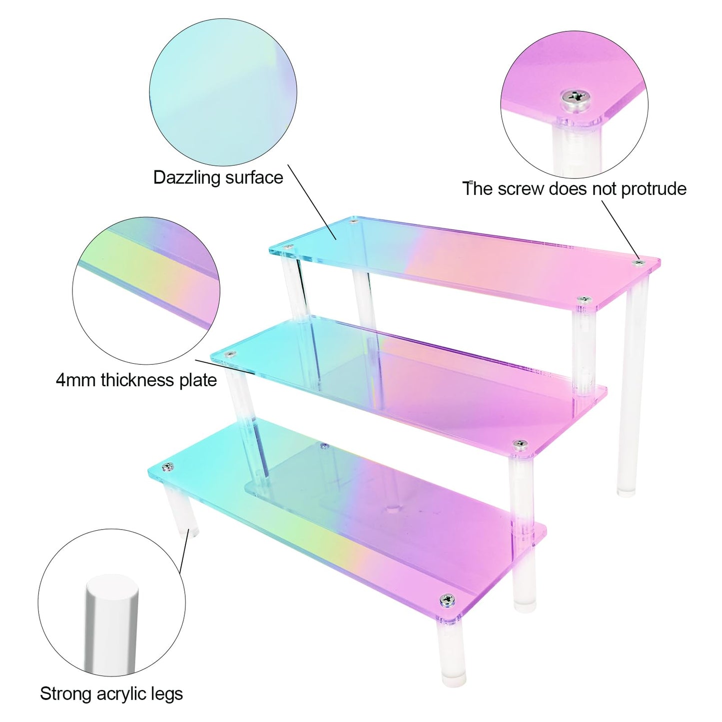 RICIPUSO Acrylic Display Stand, 3 Tier Iridescent Display Risers for Funko POP Figures, 9" Cupcakes Stand, Perfume Organizer, Riser for Display, Dessert Stand, Ornament Display Stand