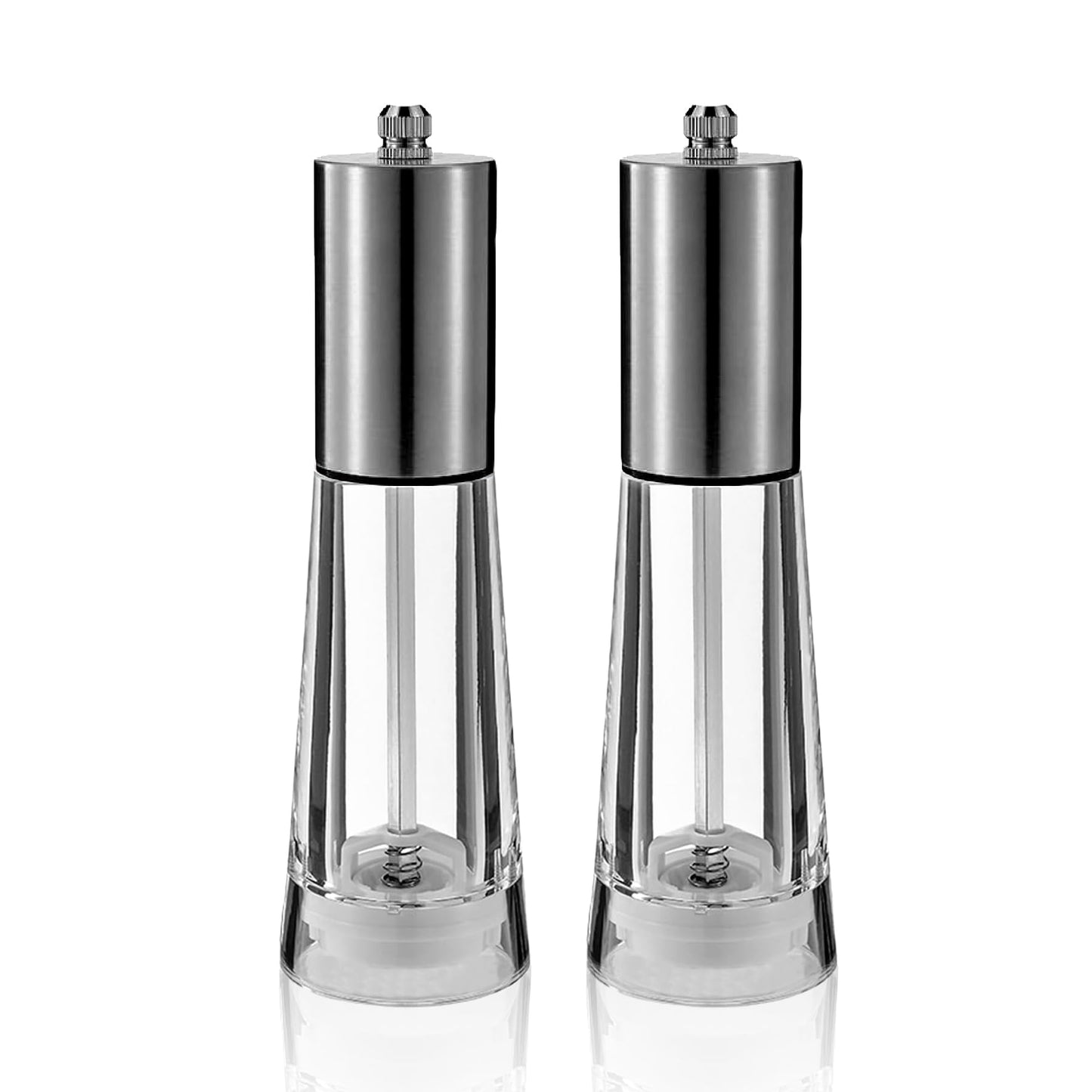 Salt and Pepper Grinder Set, Acrylic Pepper Mill with Adjustable Coarseness Wooden Pepper Grinder, Manual Salt Shake Refillable for Kitchen, Pack of 2 (Stainless Steels)
