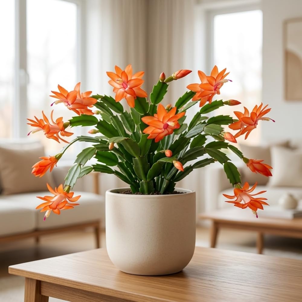2 Orange Christmas Cactus Live Plant, 5-6 Inch Tall, Easy to Care Indoor Winter Houseplant for Office Desk and Patio Decor, Vigorous Live Holiday Plant