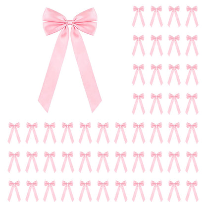 50Pcs Pink Satin Bows for Christmas Tree, 4 x 8 inch Xmas Ornaments with Pre-Made Twist Ties & Self-Adhesive, for Tree Cabinet Front Door Wreath Holiday Home Decor